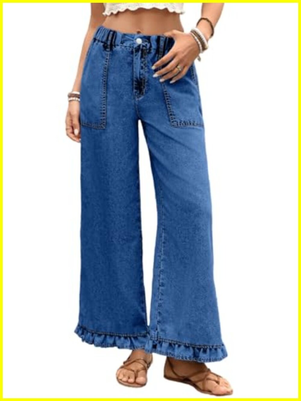 Wide Leg Jeans Women Trendy Denim Ruffle Hem High Waisted Casual